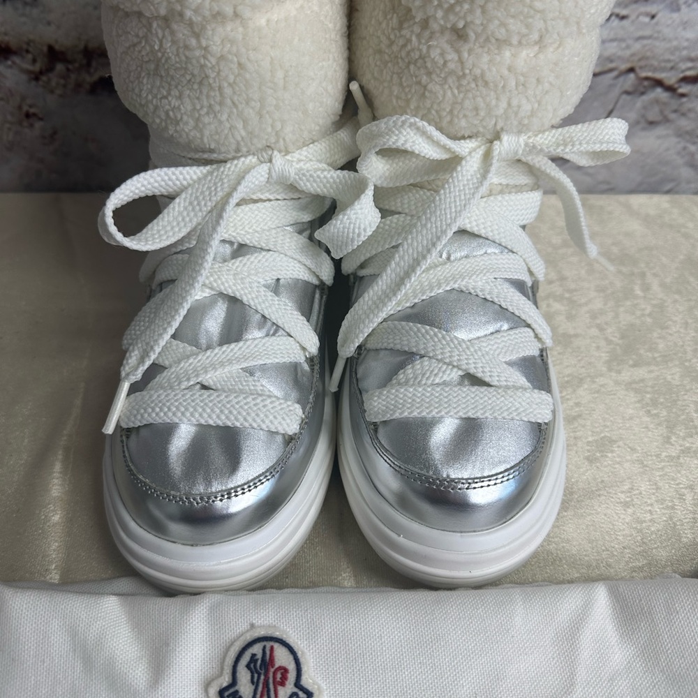 Moncler Silver and White boots size 8.5